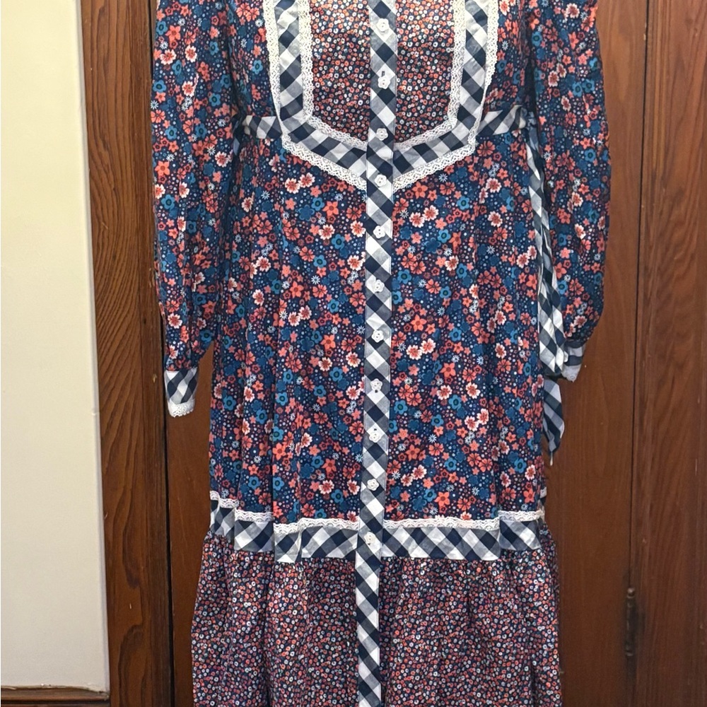 Gunne Sax for ModCloth Blue and Pink Floral Long Sleeve Dress